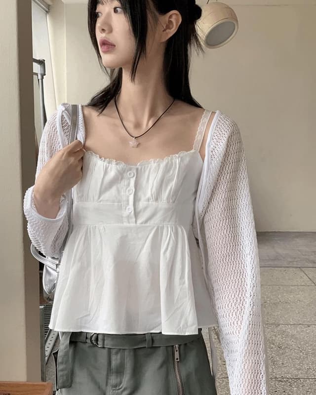 Product image for Blena Heart Strap Button Lace Cropped Sleeveless Blouse