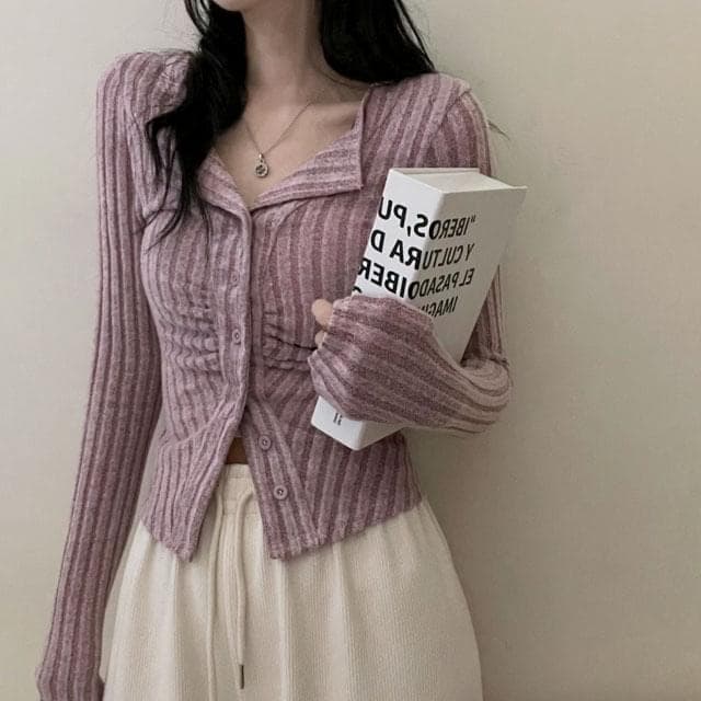 Product image for Bokashi shirring Ribbed slim fit long sleeve cardigan
