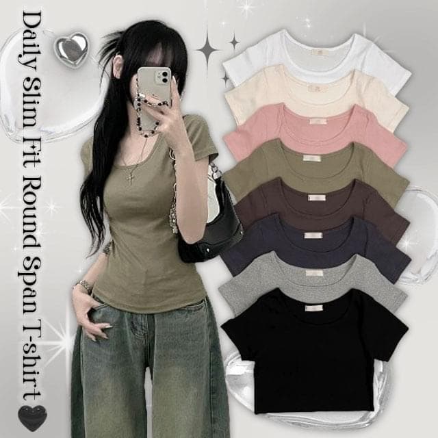 Product image for Soft Plain Rapper Neck Round Slim Fit Short Sleeve Tee