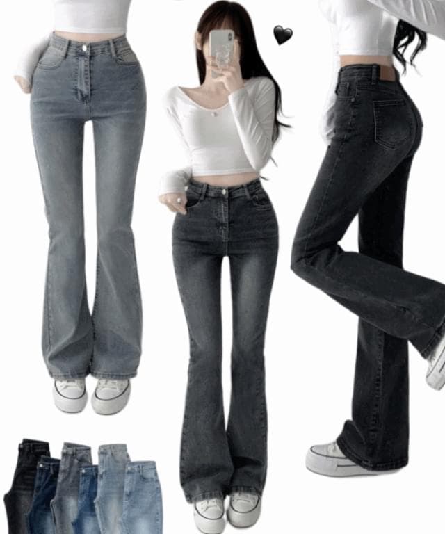 Product image for Moment Vintage Stone Faded High Waist Flared Spandex Denim Pants Short Woman Tall Woman Big Size Jeans