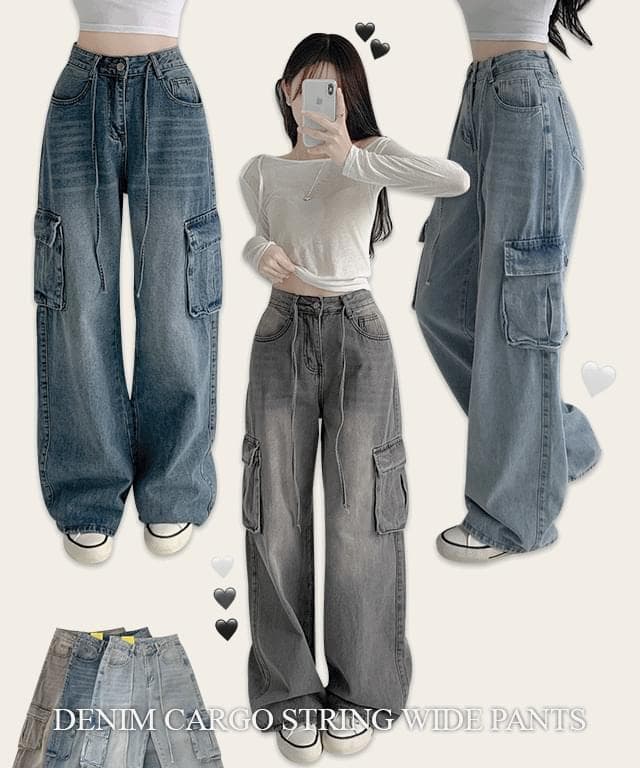 Product image for Teens high waist string cargo vintage Faded pocket straight wide denim pants pants jeans