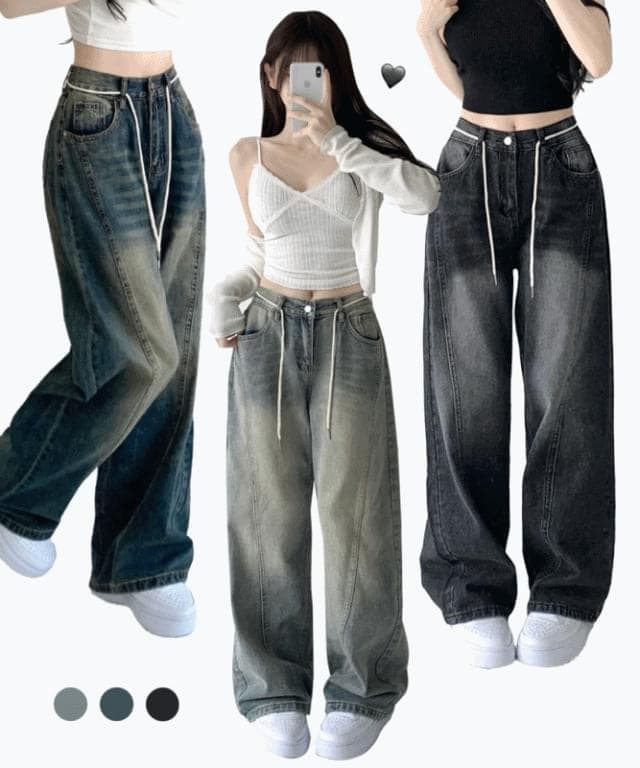 Product image for Midnight back banding string strap high waist Split line vintage Faded long wide denim pants banded pants jeans all-season jeans (Delayed delivery)