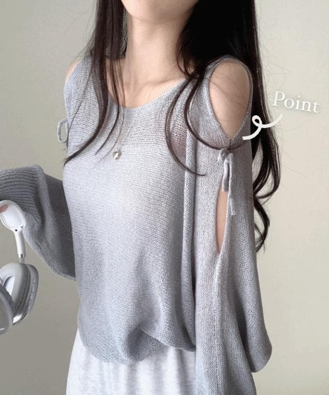 Product image for Hari Ribbon See-through Shoulder Slit Loose Loose-fit Boucle Long Sleeve Knitwear