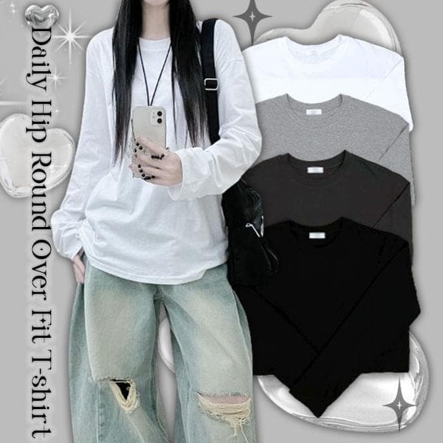 Product image for Drop loose box plain round long sleeve t-shirt (Delayed delivery)