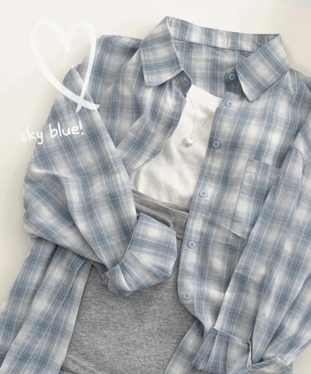 Product image for Sky Tee Sky Check Collar Overfit Linen Long Sleeve Pocket Cotton Shirt Shirt