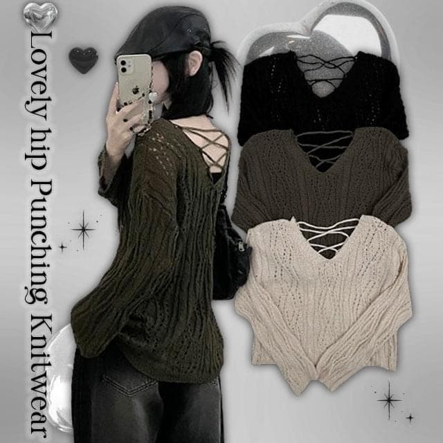 Product image for Down punching eyelet V-Neck long sleeve Knitwear (Delayed delivery)